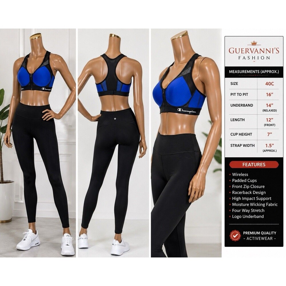 Champion Spot Comfort Womens 40C Sports Bra Black Wireless Zip Front Racerback H